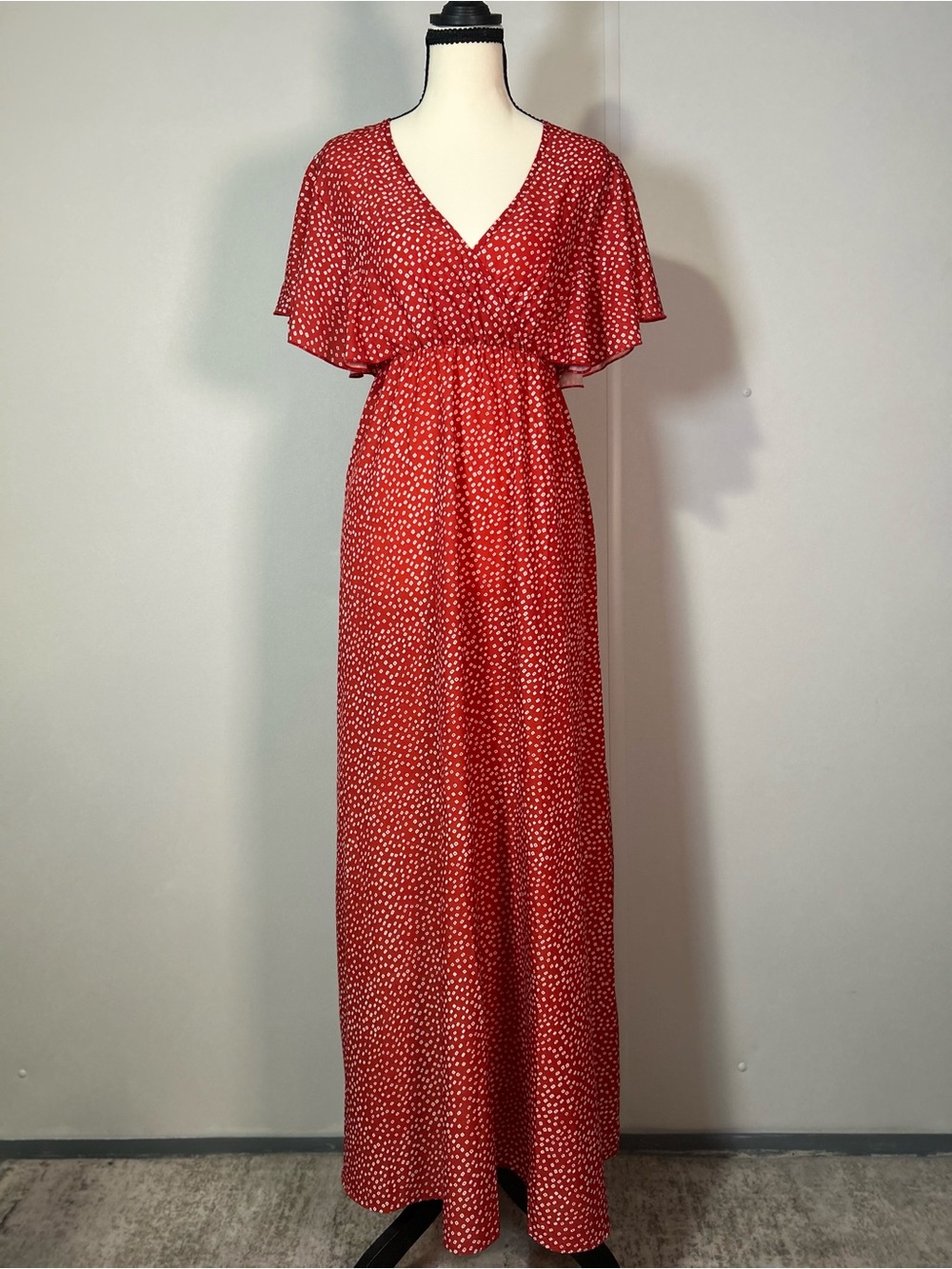 Red V-Neck Maxi Dress with Flutter Sleeves and Elastic Waist